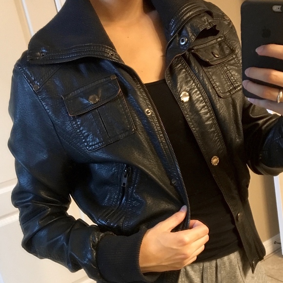 Faux Black Leather Jacket w/ Zippers/Pockets - Picture 2 of 8